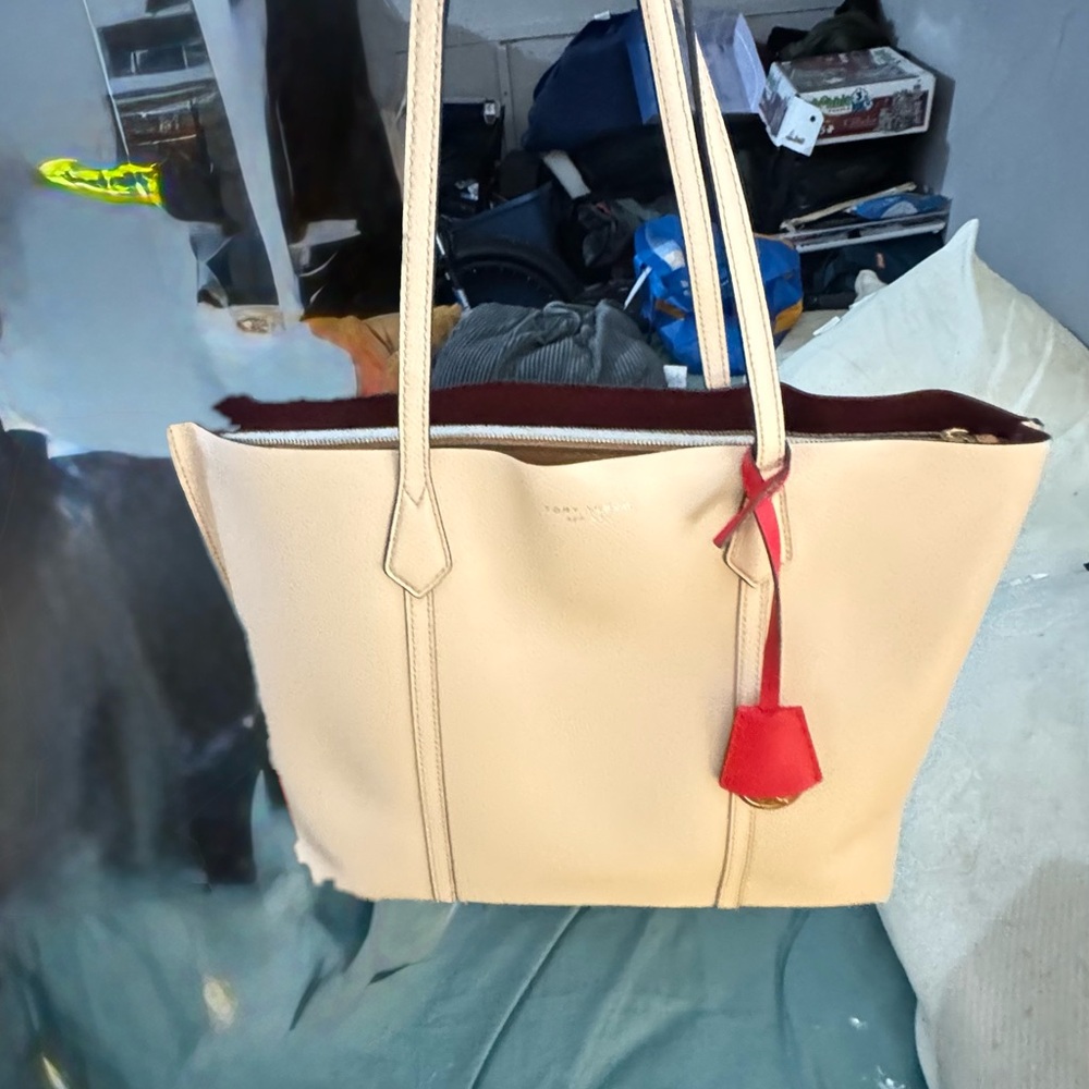 Tory Burch Cream and Red Tote with Structured Design